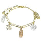 Oro Laminado Charm Bracelet, Gold Filled Style Guadalupe and Flower Design, Polished, Tricolor