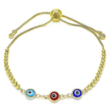 Oro Laminado Adjustable Bolo Bracelet, Gold Filled Style Evil Eye and Ball Design, with White Cubic Zirconia, Multicolor Resin Finish, Golden Finish