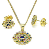 Oro Laminado Earring and Pendant Adult Set, Gold Filled Style Evil Eye Design, with Multicolor Micro Pave, Polished, Golden Finish