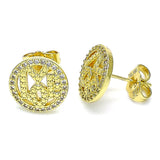 Oro Laminado Stud Earring, Gold Filled Style Love Design, with White Micro Pave, Polished, Golden Finish