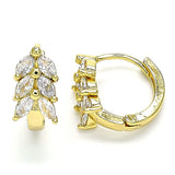 Oro Laminado Huggie Hoop, Gold Filled Style Leaf Design, with White Cubic Zirconia, Polished, Golden Finish