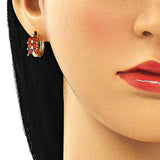 Oro Laminado Huggie Hoop, Gold Filled Style Leaf Design, with Garnet Cubic Zirconia, Polished, Golden Finish