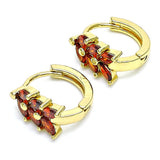Oro Laminado Huggie Hoop, Gold Filled Style Leaf Design, with Garnet Cubic Zirconia, Polished, Golden Finish