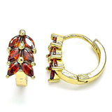 Oro Laminado Huggie Hoop, Gold Filled Style Leaf Design, with Garnet Cubic Zirconia, Polished, Golden Finish