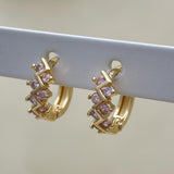 Oro Laminado Huggie Hoop, Gold Filled Style with Pink Cubic Zirconia, Polished, Golden Finish