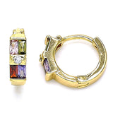 Oro Laminado Huggie Hoop, Gold Filled Style Baguette Design, with Multicolor Cubic Zirconia, Polished, Golden Finish