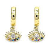 Oro Laminado Huggie Hoop, Gold Filled Style Evil Eye Design, with White Cubic Zirconia and Multicolor Micro Pave, Polished, Golden Finish