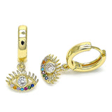 Oro Laminado Huggie Hoop, Gold Filled Style Evil Eye Design, with White Cubic Zirconia and Multicolor Micro Pave, Polished, Golden Finish