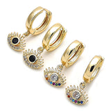 Oro Laminado Huggie Hoop, Gold Filled Style Evil Eye Design, with White Cubic Zirconia and Multicolor Micro Pave, Polished, Golden Finish