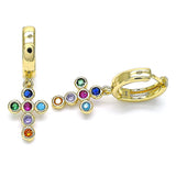 Oro Laminado Huggie Hoop, Gold Filled Style Cross Design, with Multicolor Cubic Zirconia, Polished, Golden Finish