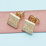 Oro Laminado Stud Earring, Gold Filled Style Love Design, with White Micro Pave, Polished, Golden Finish