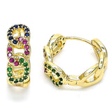 Oro Laminado Huggie Hoop, Gold Filled Style Curb Design, with Multicolor Cubic Zirconia, Polished, Golden Finish