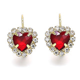Oro Laminado Leverback Earring, Gold Filled Style Heart Design, with Garnet and White Crystal, Polished, Golden Finish