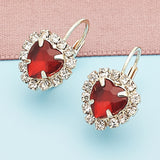 Oro Laminado Leverback Earring, Gold Filled Style Heart Design, with Garnet and White Crystal, Polished, Golden Finish