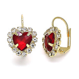 Oro Laminado Leverback Earring, Gold Filled Style Heart Design, with Garnet and White Crystal, Polished, Golden Finish
