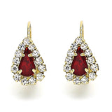Oro Laminado Leverback Earring, Gold Filled Style Teardrop Design, with Garnet and White Crystal, Polished, Golden Finish