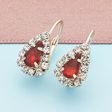 Oro Laminado Leverback Earring, Gold Filled Style Teardrop Design, with Garnet and White Crystal, Polished, Golden Finish