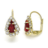 Oro Laminado Leverback Earring, Gold Filled Style Teardrop Design, with Garnet and White Crystal, Polished, Golden Finish