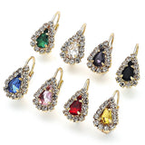 Oro Laminado Leverback Earring, Gold Filled Style Teardrop Design, with Garnet and White Crystal, Polished, Golden Finish