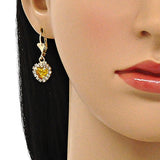 Oro Laminado Dangle Earring, Gold Filled Style Heart Design, with Dark Champagne and White Crystal, Polished, Golden Finish