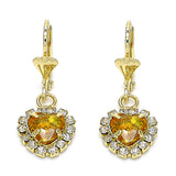 Oro Laminado Dangle Earring, Gold Filled Style Heart Design, with Dark Champagne and White Crystal, Polished, Golden Finish