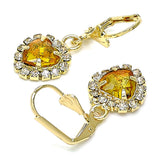 Oro Laminado Dangle Earring, Gold Filled Style Heart Design, with Dark Champagne and White Crystal, Polished, Golden Finish