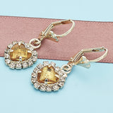 Oro Laminado Dangle Earring, Gold Filled Style Heart Design, with Dark Champagne and White Crystal, Polished, Golden Finish