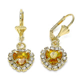 Oro Laminado Dangle Earring, Gold Filled Style Heart Design, with Dark Champagne and White Crystal, Polished, Golden Finish