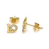 Oro Laminado Stud Earring, Gold Filled Style Love Design, with White Micro Pave, Polished, Golden Finish