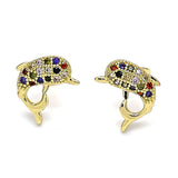 Oro Laminado Stud Earring, Gold Filled Style Dolphin Design, with Multicolor Micro Pave, Polished, Golden Finish