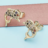 Oro Laminado Stud Earring, Gold Filled Style Dolphin Design, with Multicolor Micro Pave, Polished, Golden Finish