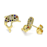 Oro Laminado Stud Earring, Gold Filled Style Dolphin Design, with Multicolor Micro Pave, Polished, Golden Finish