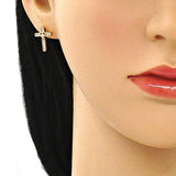 Oro Laminado Stud Earring, Gold Filled Style Cross Design, with White Micro Pave, Polished, Golden Finish
