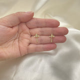 Oro Laminado Stud Earring, Gold Filled Style Cross Design, with White Micro Pave, Polished, Golden Finish