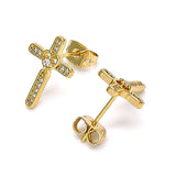 Oro Laminado Stud Earring, Gold Filled Style Cross Design, with White Micro Pave, Polished, Golden Finish