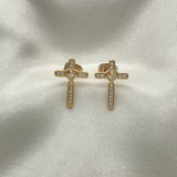 Oro Laminado Stud Earring, Gold Filled Style Cross Design, with White Micro Pave, Polished, Golden Finish