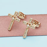 Oro Laminado Stud Earring, Gold Filled Style Cross Design, with White Micro Pave, Polished, Golden Finish