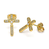 Oro Laminado Stud Earring, Gold Filled Style Cross Design, with White Micro Pave, Polished, Golden Finish