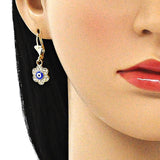 Oro Laminado Dangle Earring, Gold Filled Style Evil Eye and Flower Design, with White Crystal, Blue Enamel Finish, Golden Finish