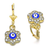Oro Laminado Dangle Earring, Gold Filled Style Evil Eye and Flower Design, with White Crystal, Blue Enamel Finish, Golden Finish