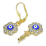 Oro Laminado Dangle Earring, Gold Filled Style Evil Eye and Flower Design, with White Crystal, Blue Enamel Finish, Golden Finish