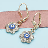 Oro Laminado Dangle Earring, Gold Filled Style Evil Eye and Flower Design, with White Crystal, Blue Enamel Finish, Golden Finish