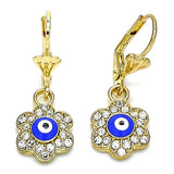 Oro Laminado Dangle Earring, Gold Filled Style Evil Eye and Flower Design, with White Crystal, Blue Enamel Finish, Golden Finish