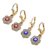 Oro Laminado Dangle Earring, Gold Filled Style Evil Eye and Flower Design, with White Crystal, Blue Enamel Finish, Golden Finish