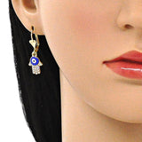 Oro Laminado Dangle Earring, Gold Filled Style Hand of God Design, with White Crystal, Blue Enamel Finish, Golden Finish
