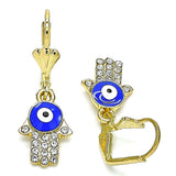 Oro Laminado Dangle Earring, Gold Filled Style Hand of God Design, with White Crystal, Blue Enamel Finish, Golden Finish