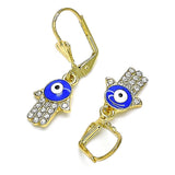 Oro Laminado Dangle Earring, Gold Filled Style Hand of God Design, with White Crystal, Blue Enamel Finish, Golden Finish