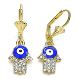 Oro Laminado Dangle Earring, Gold Filled Style Hand of God Design, with White Crystal, Blue Enamel Finish, Golden Finish