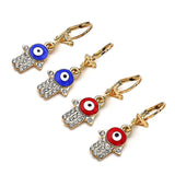 Oro Laminado Dangle Earring, Gold Filled Style Hand of God Design, with White Crystal, Blue Enamel Finish, Golden Finish