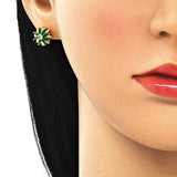 Oro Laminado Stud Earring, Gold Filled Style Flower Design, with Green and White Cubic Zirconia, Polished, Golden Finish